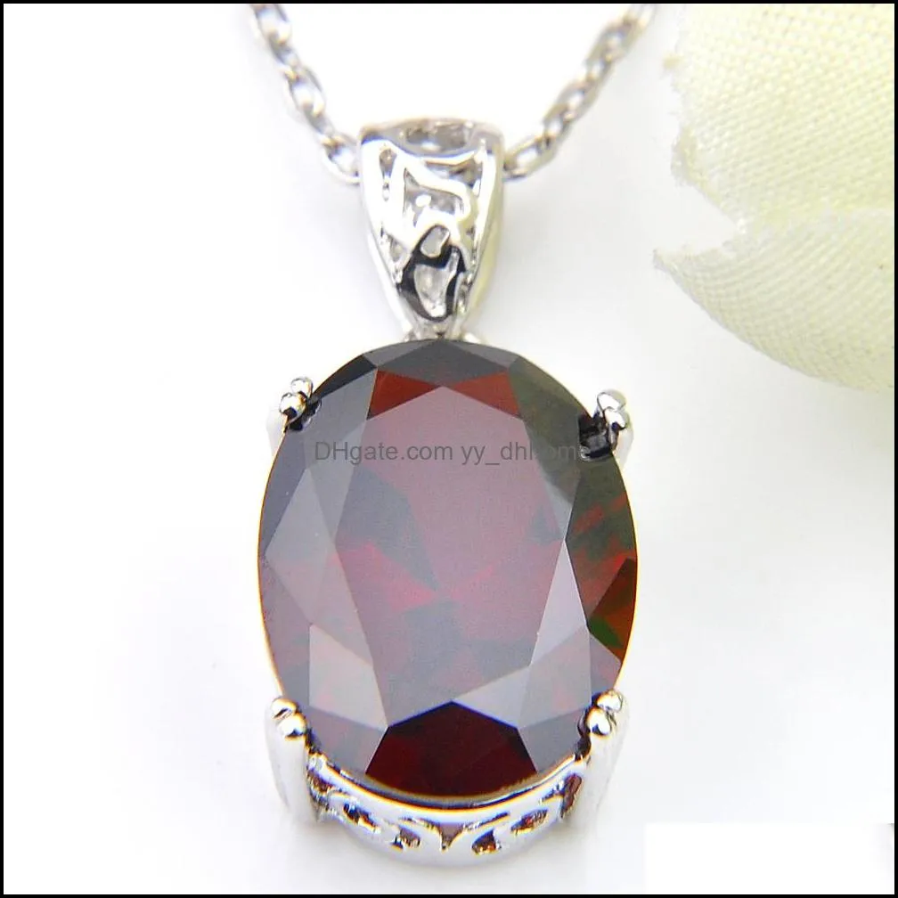 6 Sets Classic Shiny Oval Fire Garnet Cubic Zirconia Gemstone 925 Sterling Silver for Women Pendants Necklace Earring Wedding Jewelry