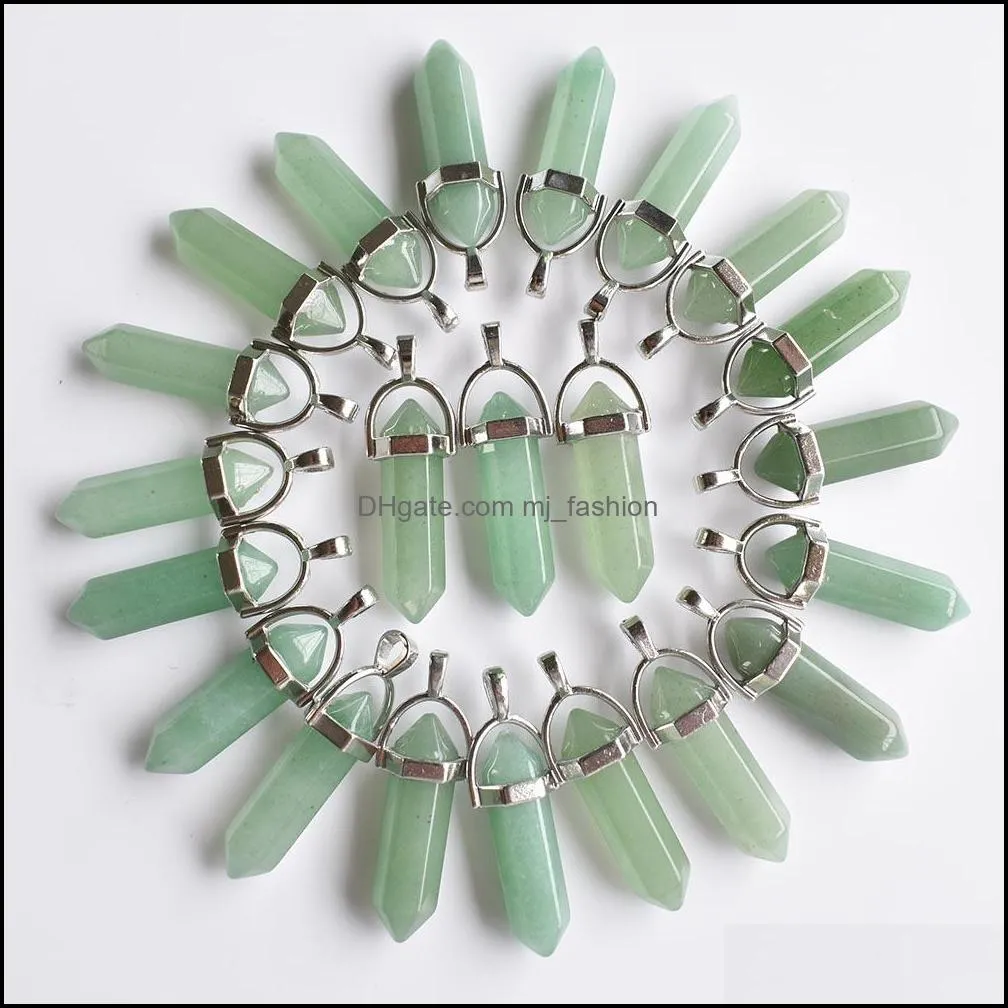 Natural Stone Green Aventurine Hexagonal Pillar Charms Quartz Stone Chakra Handmade Silver Color Pendants for Jewelry Making Wholesale