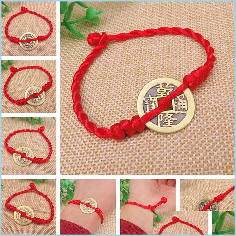 Good Lucky Five Emperor Money 2.4 Cm Real Copper Coin Red String Bracelet Charm Men Women Bangle Luck Accessories