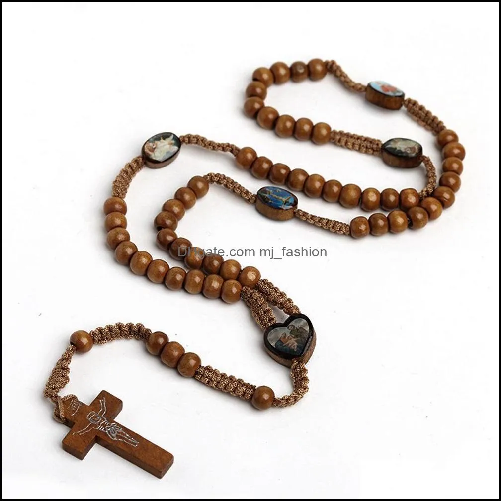 Natural wood hand woven wooden beads Jerusalem Catholic Religious Jewelry cross Jesus Beads Necklace