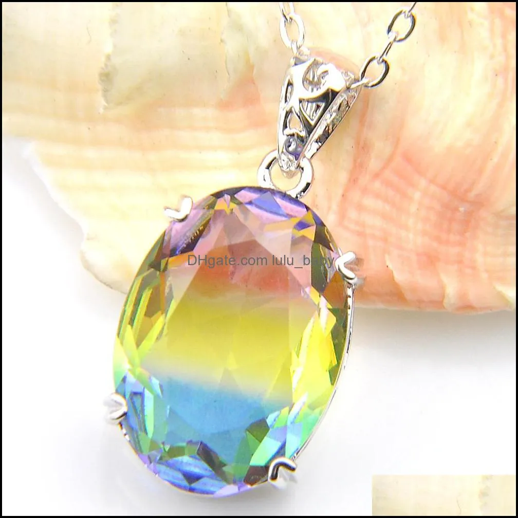 6Pcs/Lot Fashion Gorgeous Florid Mystic Rainbow Tourmaline Gems 925 Sterling Silver Plated Lady Necklace Pendants Jewelry