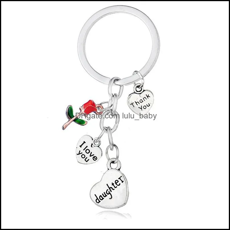 Fashion Rose Flowers I Love You Heart Charms Keychain Family Daughter Grandma Aunt Sister Mom Key Chains Thank You Gifts Keyring