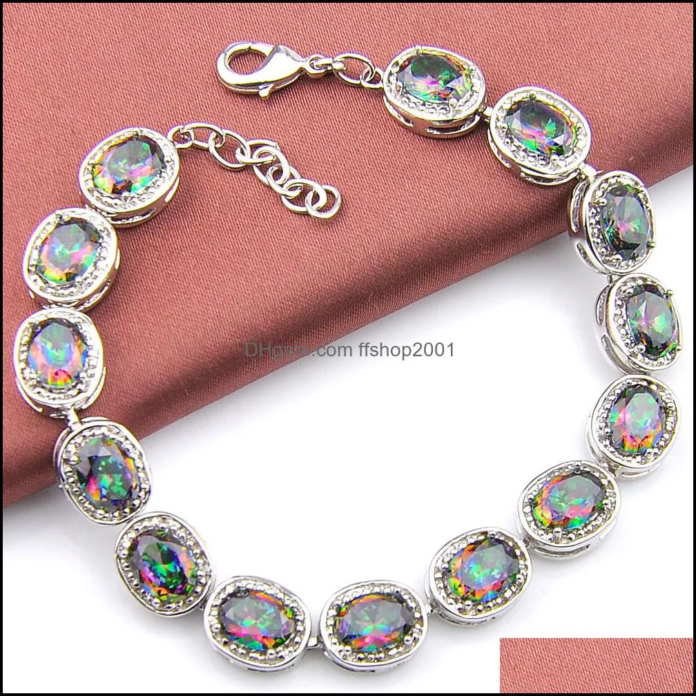 6 Pcs Europe Popular Bracelets Oval Rainbow Mystic Topaz Gems Sliver For Women Colored Zircon Bracelets Bangles Jewelry