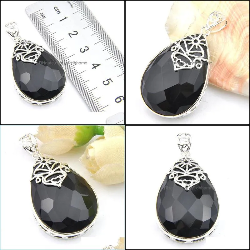 925 Sterling Silver Plated Huge Natural Black Onyx Water Drop Pendants For Woman Men Lovers Pendants Jewelry 1.58inch Free