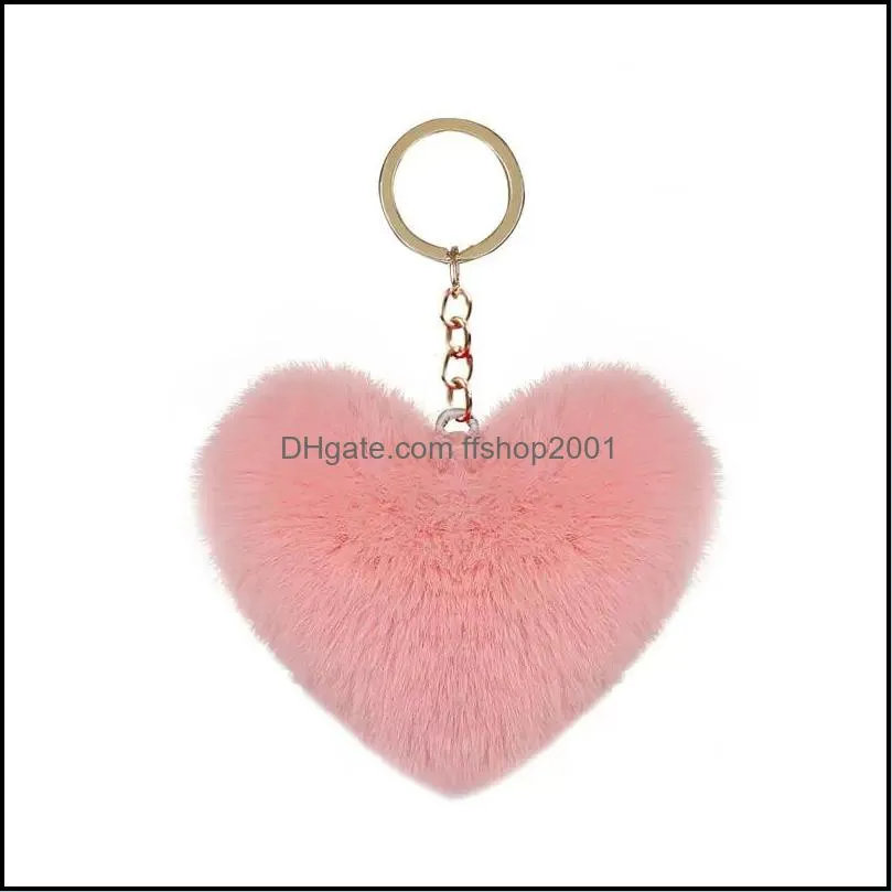 Fluffy Pompom Key Chain Soft Solid Color Heart Shape Pompom Faux Rabbit Fur Ball Car Handbag KeyRing Gift Accessories