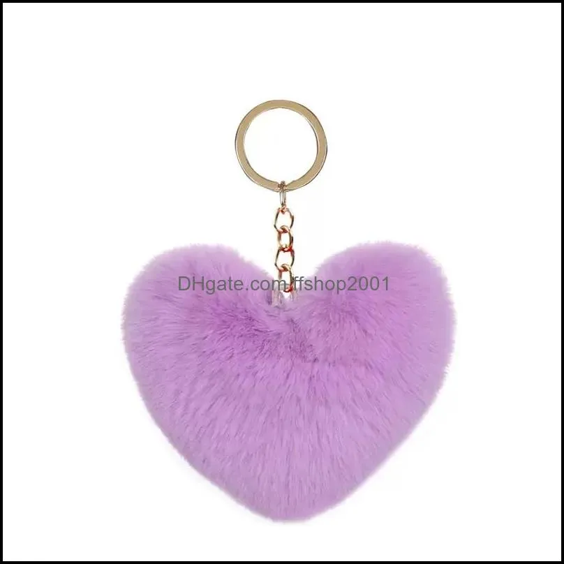 Fluffy Pompom Key Chain Soft Solid Color Heart Shape Pompom Faux Rabbit Fur Ball Car Handbag KeyRing Gift Accessories