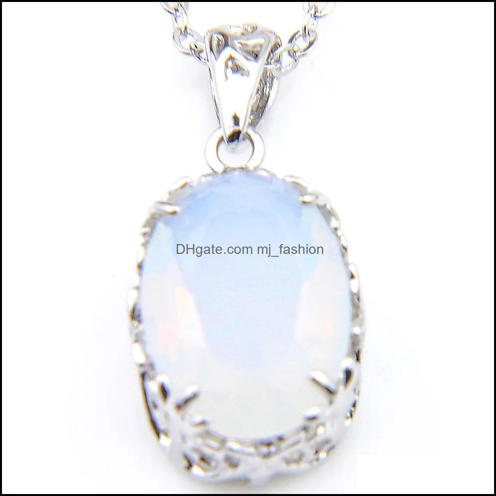 6 Pcs Lot 925 Silver Natural White Moonstone Gems Women`s Pendant Oval Antique Holiday Gift Pendant Jewelry +Chain