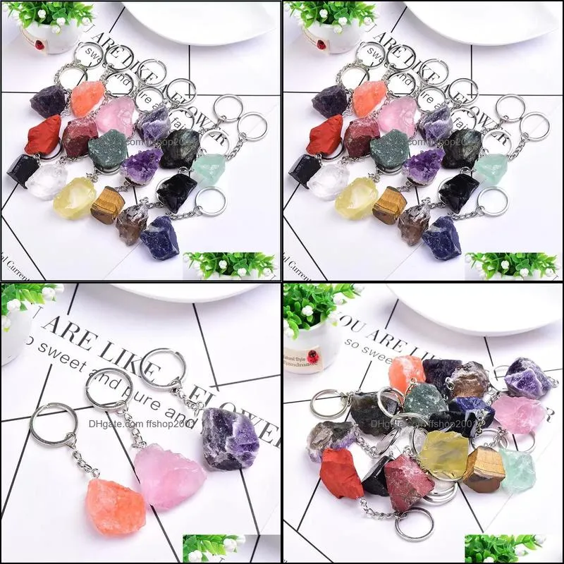 Natural Freeform Rough Stone Quartz Keychain Ring For Women Men Handbag Hangle Car Key Holder Raw Mineral Stones Keyring Jewelry