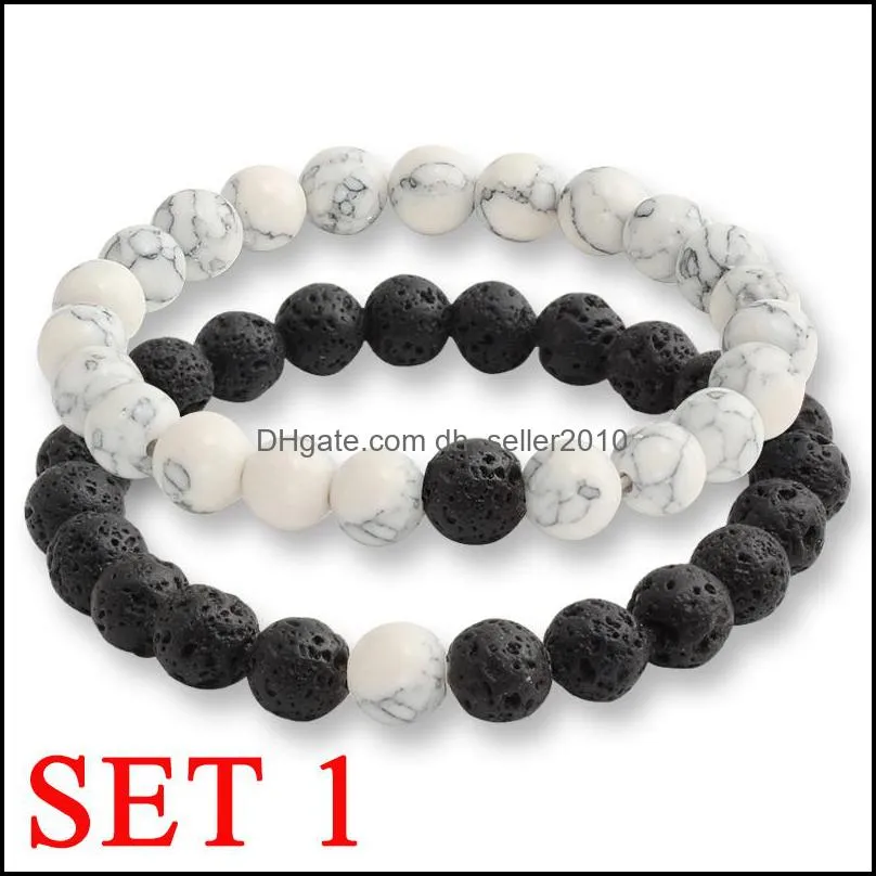 2 Pcs/set Fashion Couple Tiger Eye Stone Bracelets Bangles Classic Black White Natural Lava Stones Charm Bead Bracelet Women Men