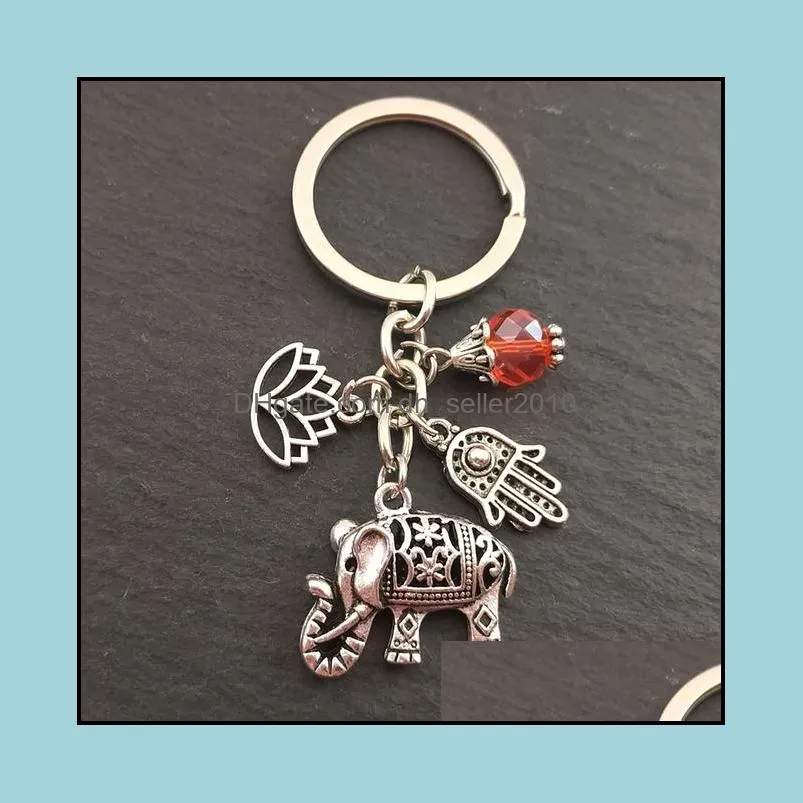 1pc Tribal Ethnic Keychains Unique Bohemia Gift Key Holder Lotus Jewelry Hand Elephant Car Keychain For Women