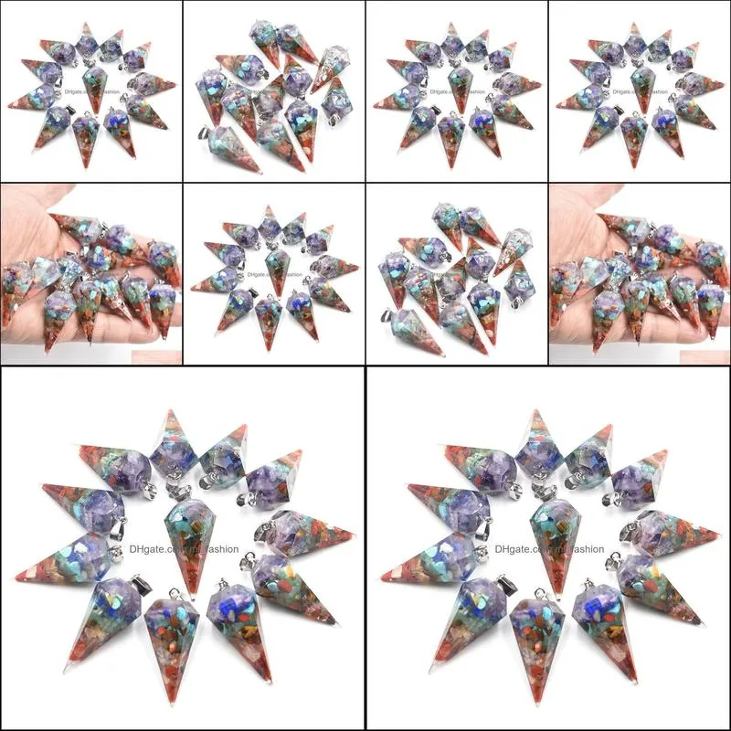 7 Chakras Resin Hexagon Pointed Cone Charms Pendant Pendulum For DIY Jewelry Making Necklaces wholesale