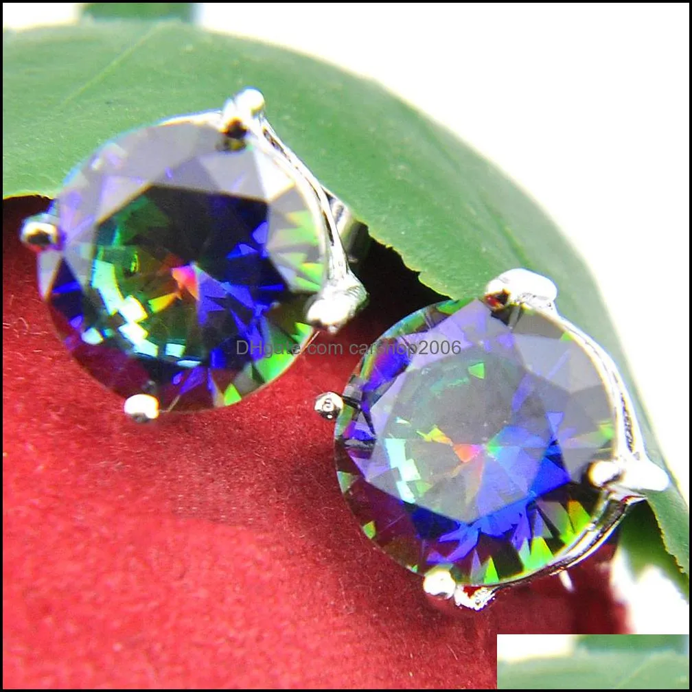 6 Pairs Gentle Round Shiny Colored Mystic Topaz Gems 925 Sterling Silver Plated Stud Earrings Russia Canada Stud Earrings