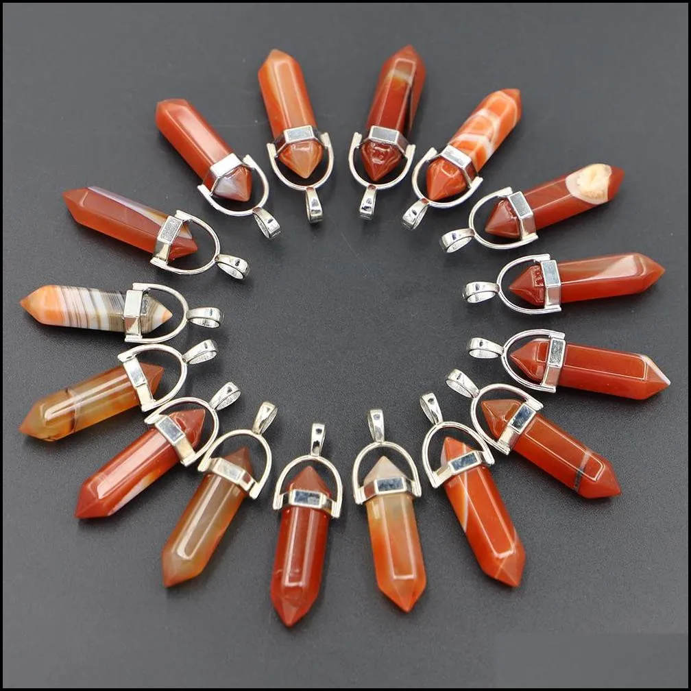 Natural Stone Charms Red Stripe Onyx Agate Hexagon Pillar Point Pendants Reiki Crystal Jewelry Making Necklace Accessories Wholesale