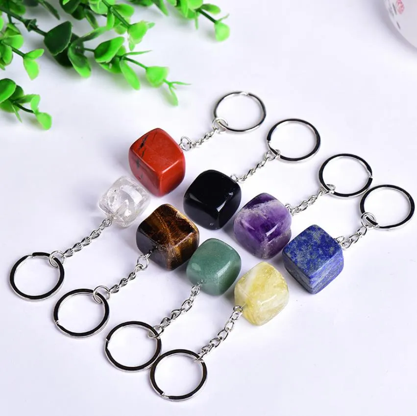 Cubic Square Shape Natural Stone Quartz Keychains Key Rings For Women Men Handbag Hangle Car Key Holder Raw Mineral Keyring Jewelry