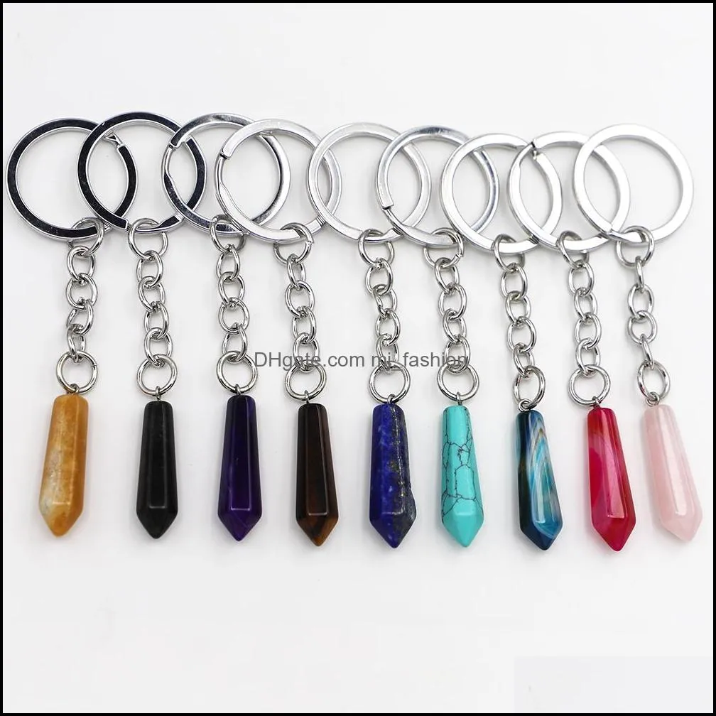 Natural Stone Hexagonal Column Keychain Water Drop Agate Shape Columnar Pendants Key Rings On Bag Car Jewelry Party Friends Gift