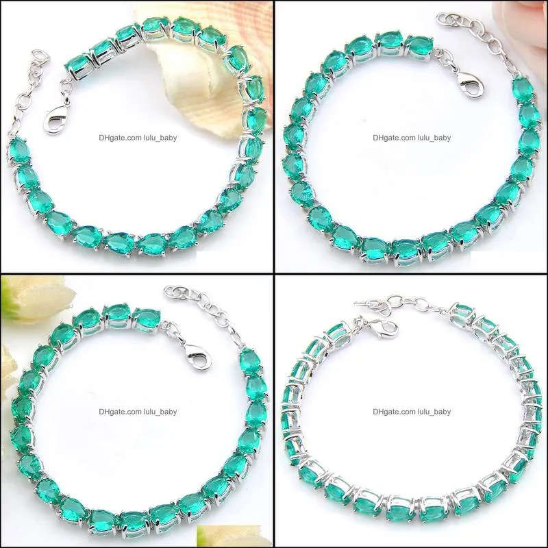 6Pcs/Lot trendy Water Drop Green Quartz Gemstone Chain Bracelet Holiday Gift Jewerly 925 sterling silver plated For Women