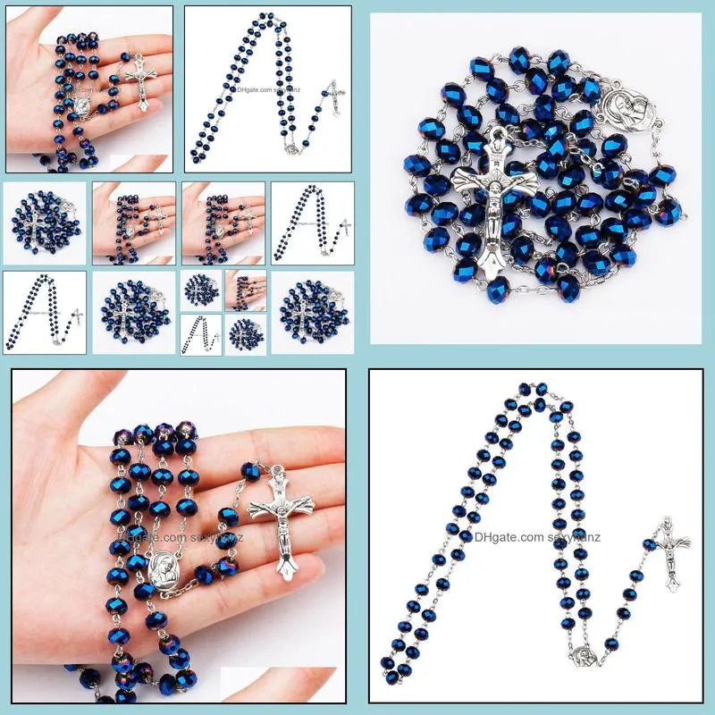 Rosary Beaded Necklaces First Holy Christmas Communion Gifts Deep Blue Glass Beads Catholic Holy Soil Medal And Crucifix Cross