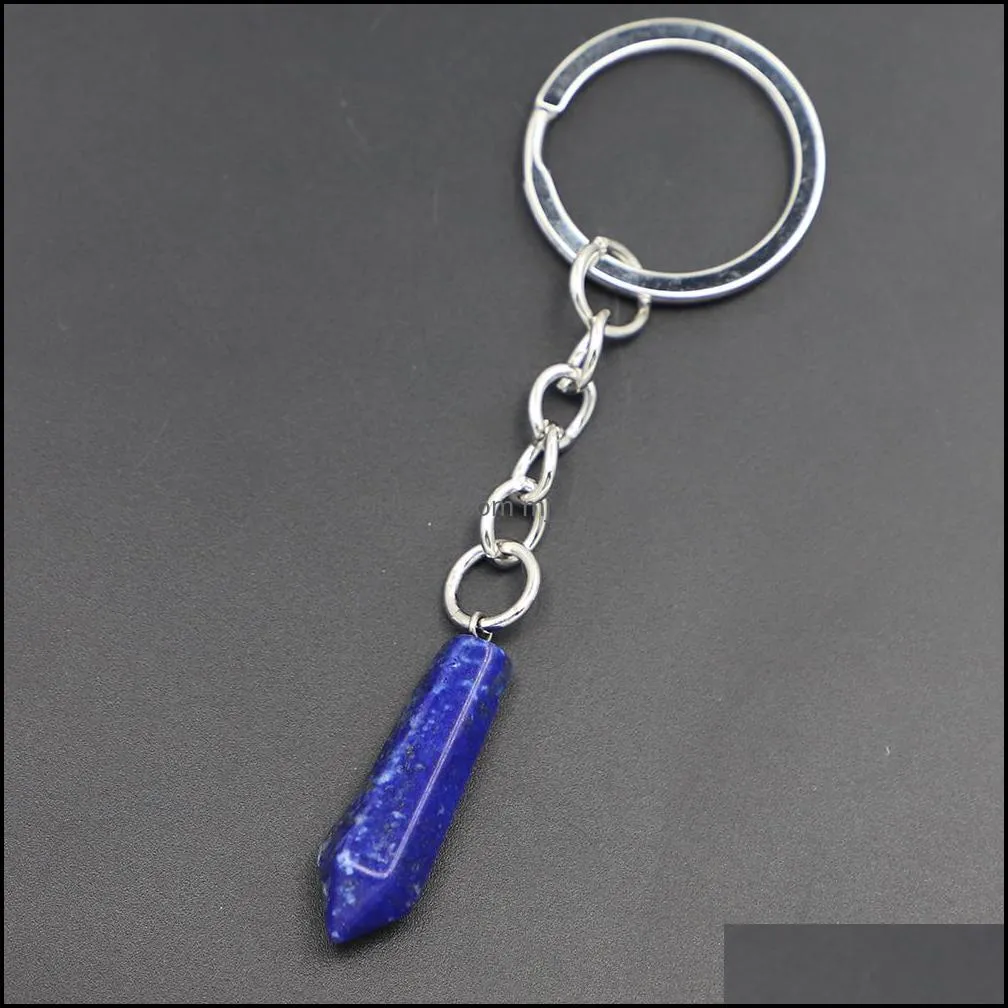 Natural Stone Hexagonal Column Keychain Water Drop Agate Shape Columnar Pendants Key Rings On Bag Car Jewelry Party Friends Gift