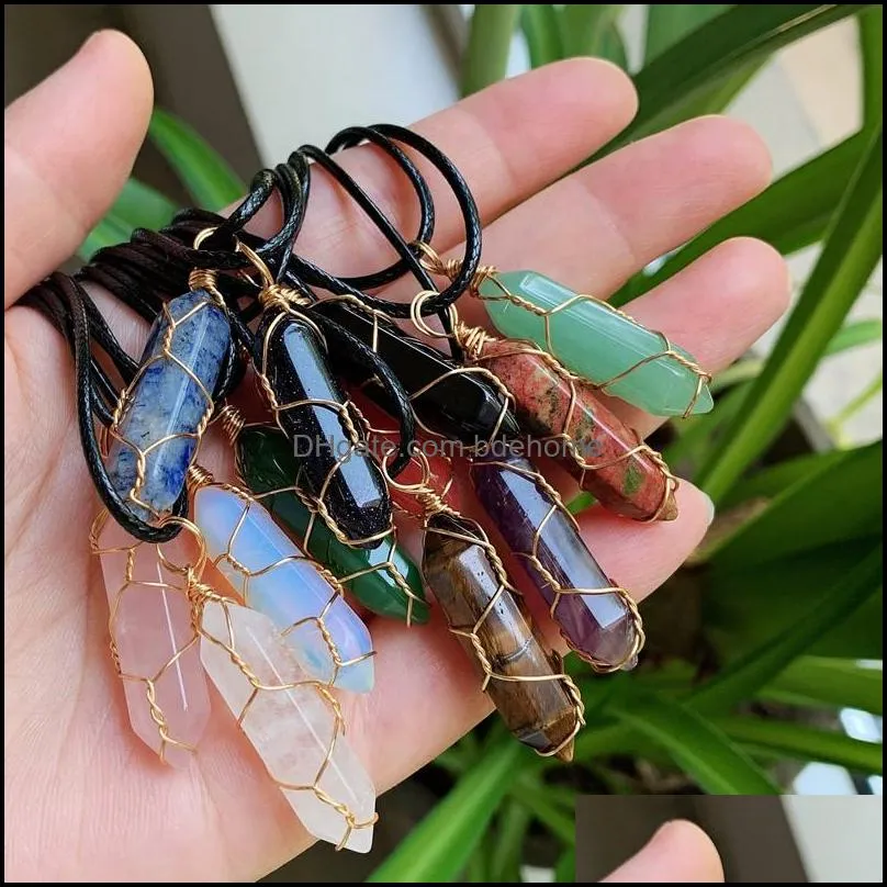 Wire Wrap Reiki Healing Crystal Stone Pendant Chakra Rose Tiger eye Rope Choker Necklaces Wholesale Energy Pendants Necklace Jewelry