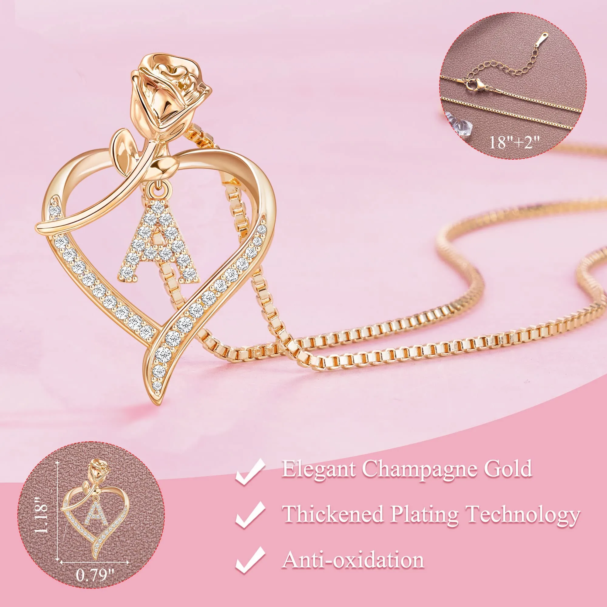 3ml heart necklaces for women gold heart pendant initial necklaces for women girls dainty cubic zirconia az letter rose heart necklace jewerly gifts