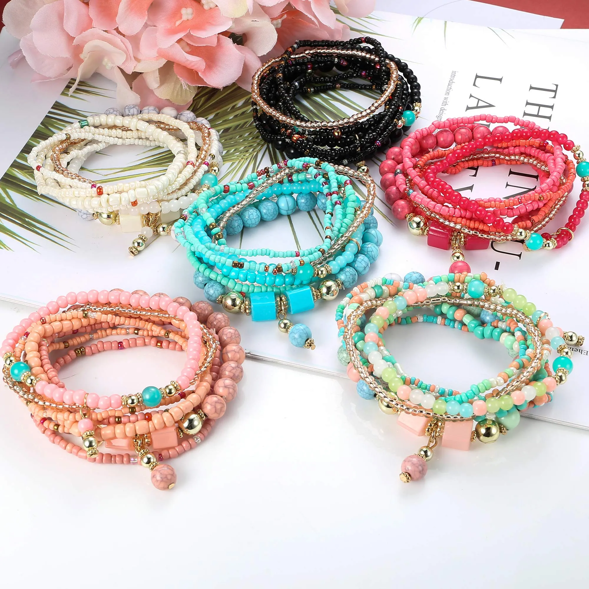 3ml 6 sets bohemian stackable bead bracelets for women men multilayered bracelet set pendant charm stretch bangles