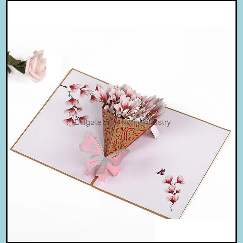 Greeting Cards Creative 3D Three-dimensional Magnolia Bouquet Invitation Card Birthday Wishes Msee pic`s Day Thanksgiving