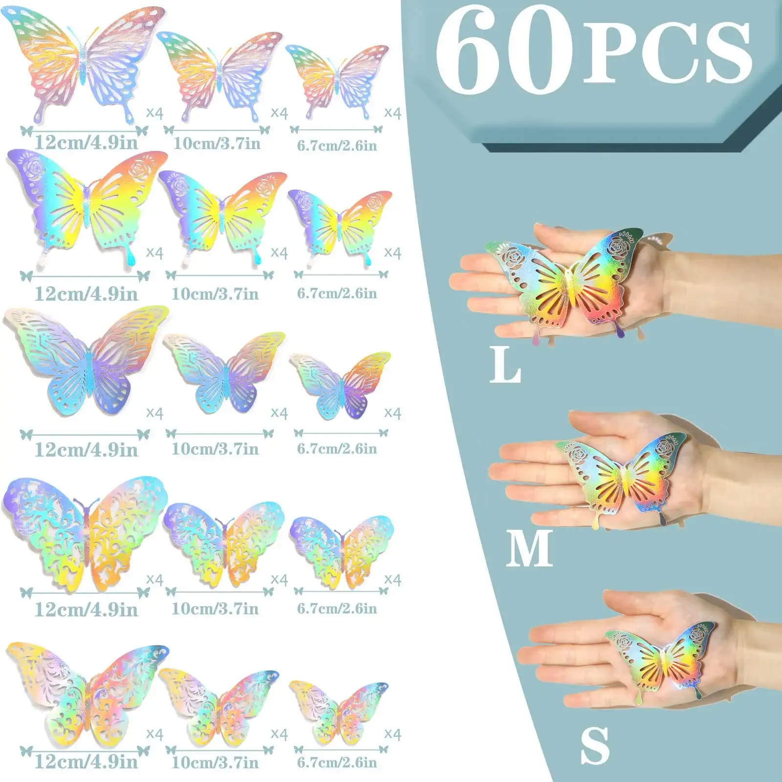 3d iridescent silver butterfly wall stickers decals holographic silver butterfly wall decor classroom decor with set 5 style decorative paper murals for nursery glitter party decor silver