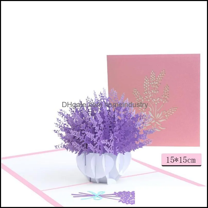 Greeting Cards 3D Up Lavender Laser Cut Post Card For Birthday Christmas Valentine` Day Party Wedding Decoration