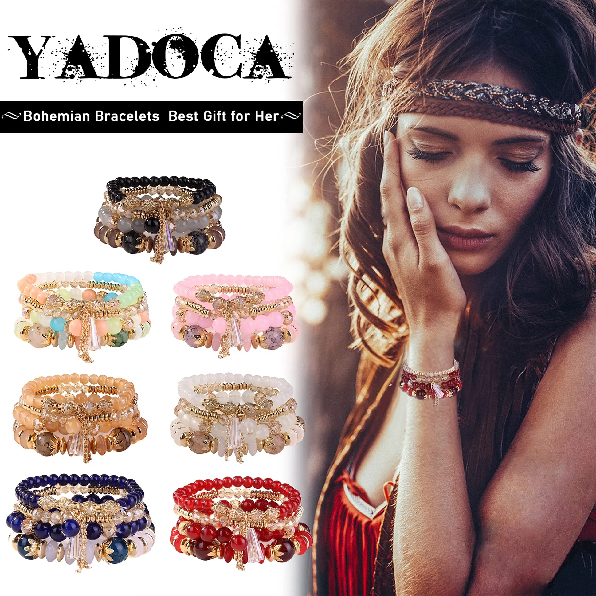 3ml 7 sets bohemian stackable beaded bracelets for women men boho stretch multilayered bead bangles bracelet set with charm multicolor statement jewelry