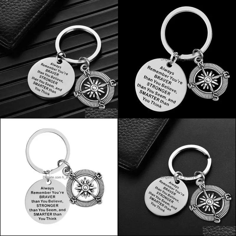 Remember You`Re Brave Keychain Round Bar Disc Stainless European American Inspirational Compass Key Chain Gift Jewelry
