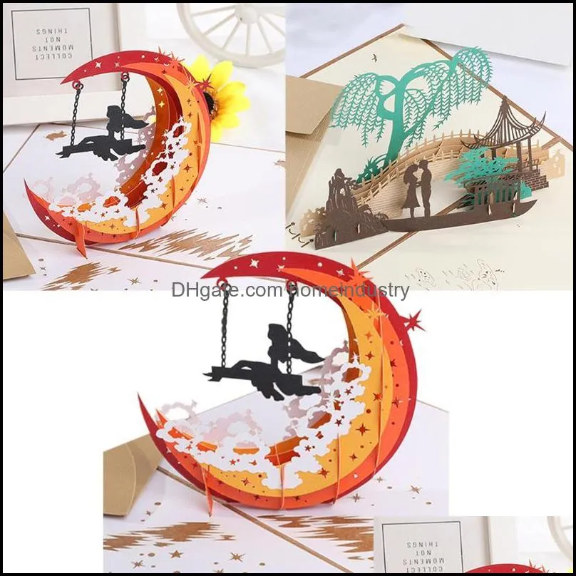 Greeting Cards 3D Card Holiday Home Wedding Invitation With Envelope Postcards Folding Year Craft Hollowed Out Paper DIY Party