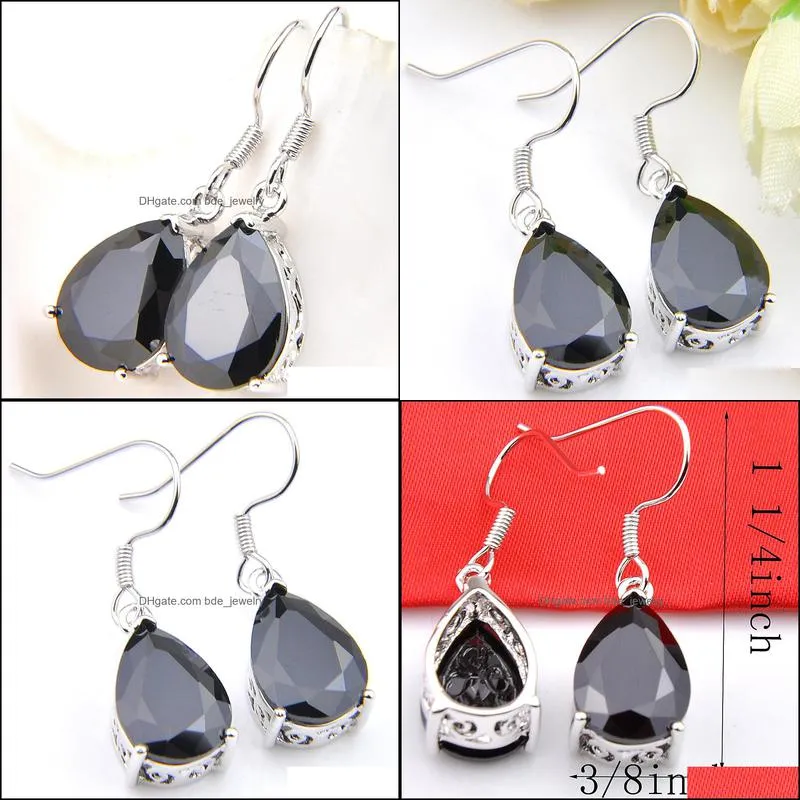 Wholesale 6 Pcs Luckyshinene 925 Plated Silver For Woman Water Drop Black Crystal Cubic Zirconia Earring Drop Earrings Wedding