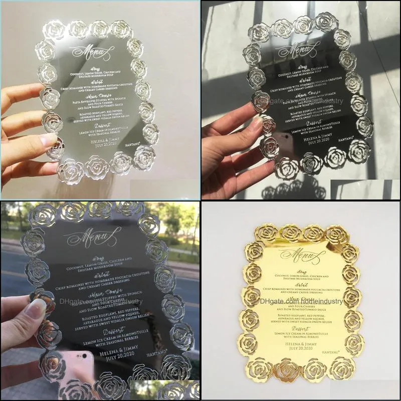 Greeting Cards 100pieces Per Lot 5x7inch Hollow Rose Flower Golden Mirror/Silver Mirror Acrylic Wedding Menu With Engraved Letters