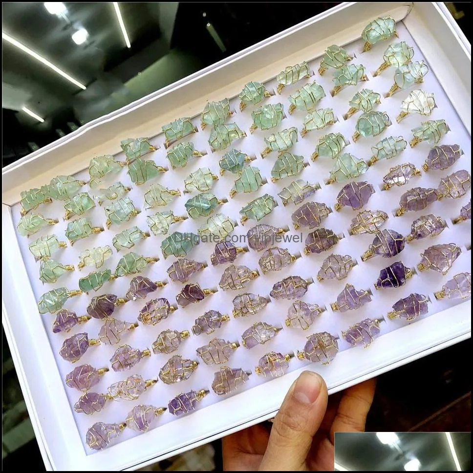 bulk wholesale jewelry handmade wire wrap natural raw crystal rings healing stone for women green fluorite clear quartz citrine amethyst pink quartz