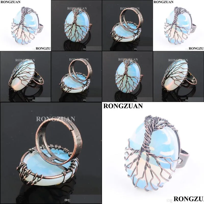 adjustable ring natural stone opal bead copper antique rings for women man finger jewelry copper wire wrapped tree of life