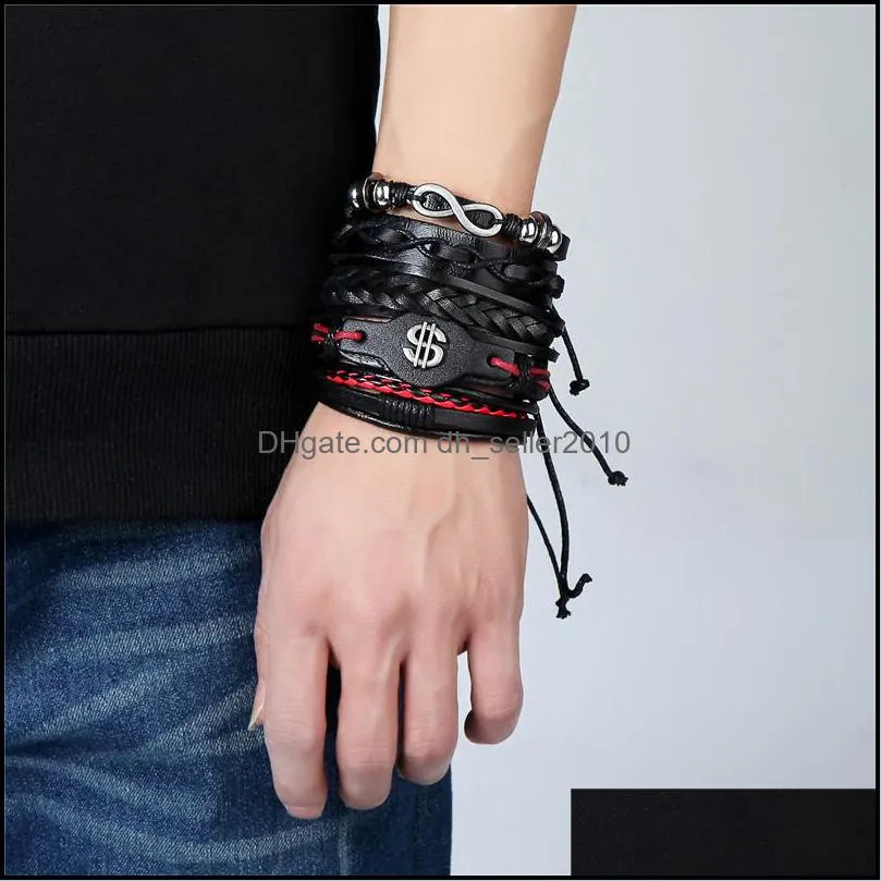 fashion leaf feather multilayer leather bracelet men vintage braided handmade star rope wrap bracelets & bangles male gift