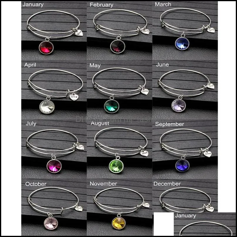 fashion personalized 12 months birthstone dangle charms bangle cuff love herat crystal charms cuff bracelet christmas jewelry gifts