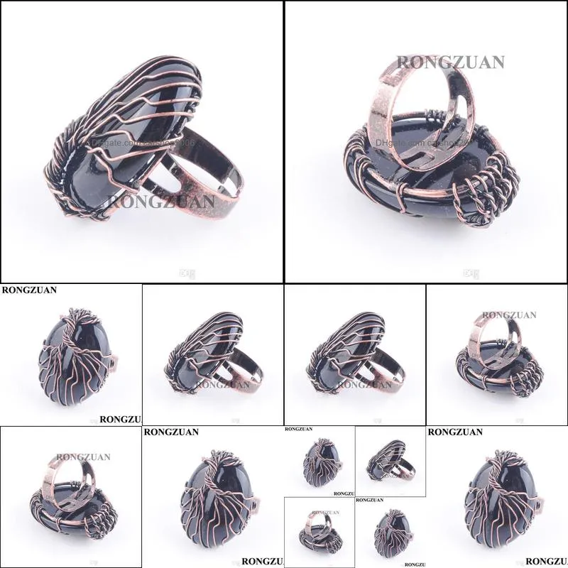 copper wire wrapped life tree finger ring for women natural egg shaped black onyx stone adjustable rings charm jewelry dx3059