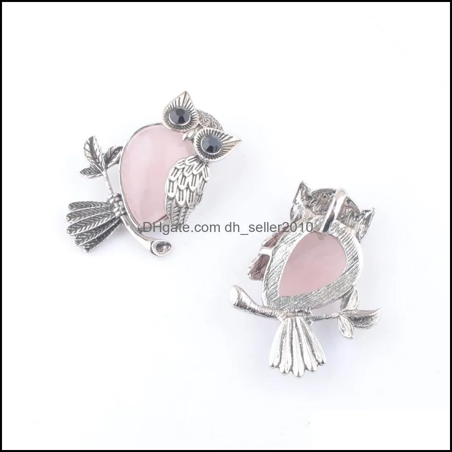 vintage copper plated pendants owl shape cute natural stone rose quartz beads women man jewelry wholesale dn4563