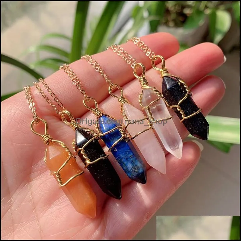 natural stone pendant wire wrap crystal necklace hexagonal bullet amethyst quartz pendulum chakra pendulo healing jewelry