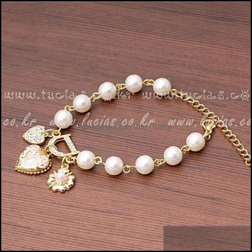 fashion unlimited bangle bracelets charm heart flower simulated pearl crystal d word beaded bracelet for women jewelry