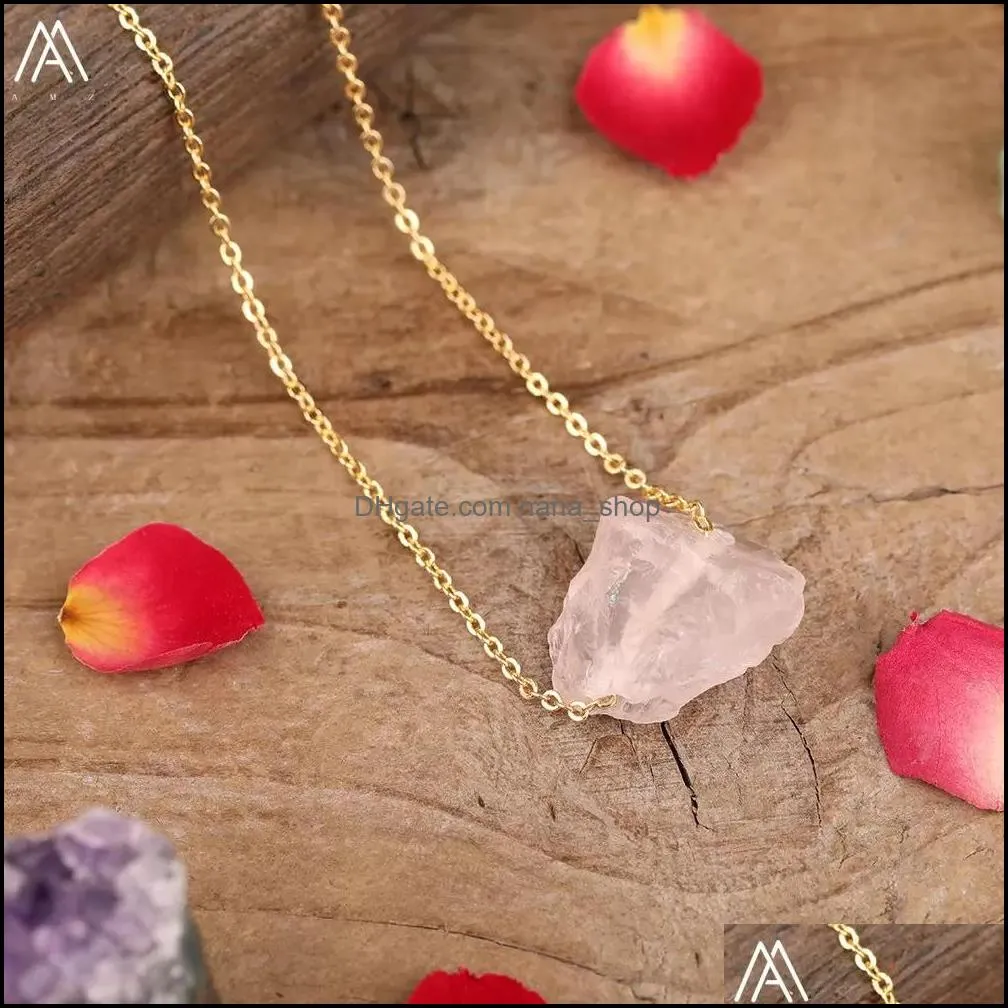 18k gold link natural stone irregular druzy pendant necklace pink crystal amthyst healing crystal chakra charms pendulum necklaces for women