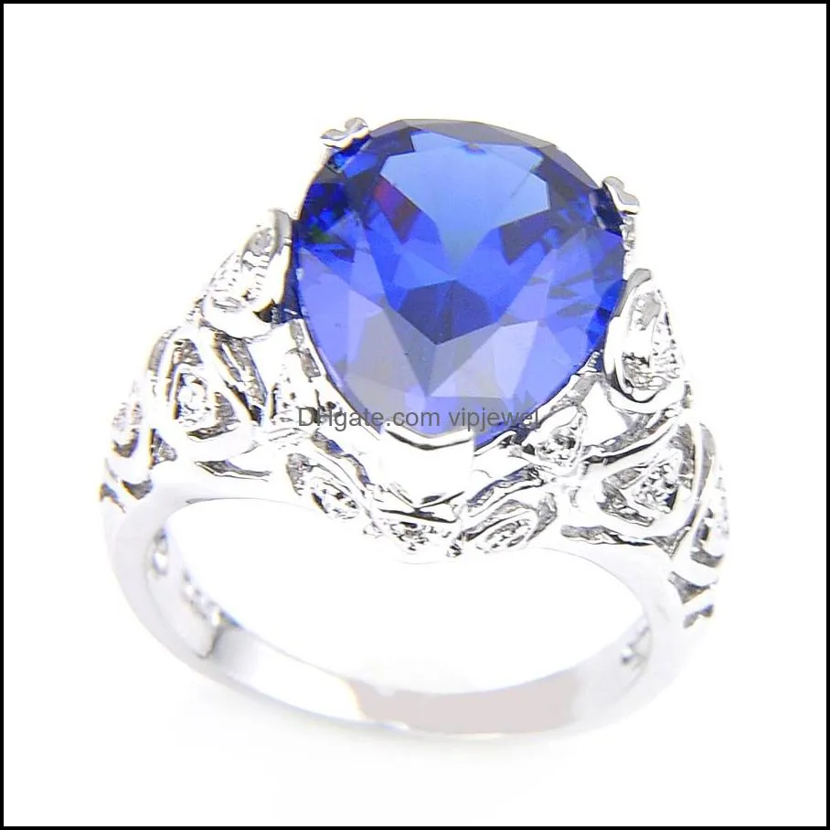 925 sterling silver plated water drop swiss blue fire topaz gems rings for women party gift rings jewelry 10 pcs free