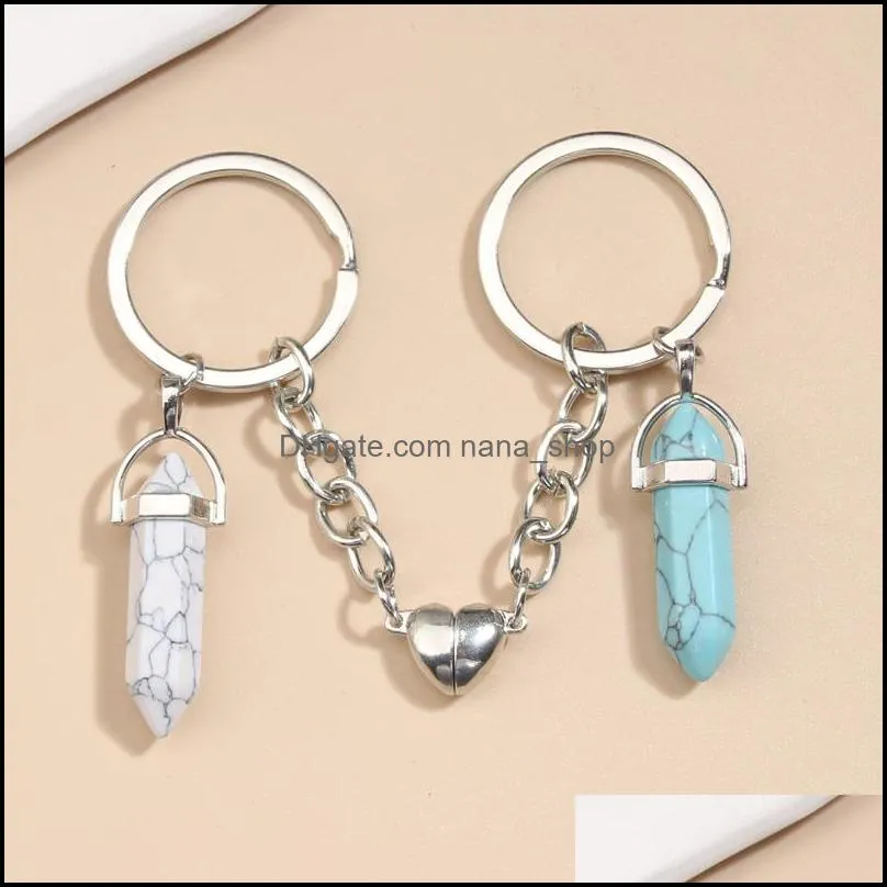 keychain natural crystal quartz stone key ring love heart magnetic button key chains for couple friend gifts diy handmade jewelry