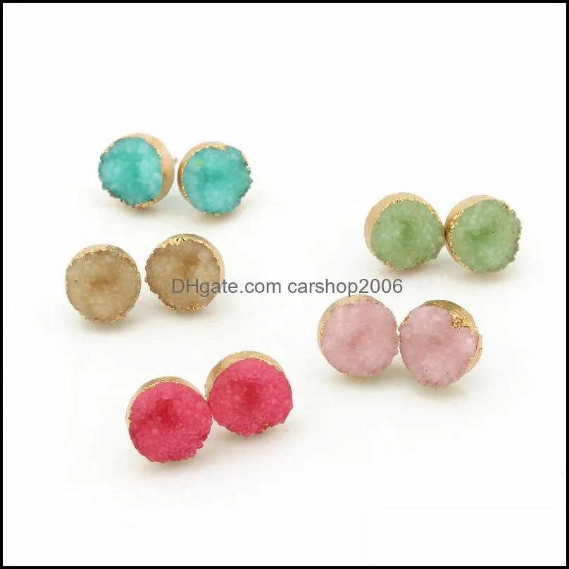 fashion 10mm 13mm handmade druzy trendy jewelry womens simple gold filled round heart hexagon drusy wholesaling resin stone stud