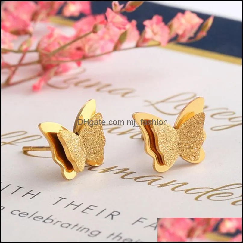 european american fashion gold 3d butterfly titanium stud earring luxury designer stainless steel matte finish butterfly animal