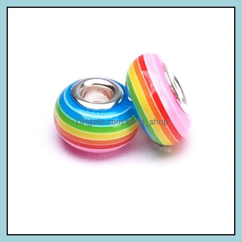 16 colors antique rainbow color stripe resin european beads alloy tube fit women 3mm snake chain charms big hole bead bangle bracelet