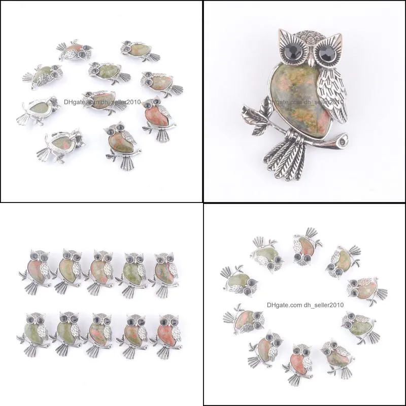 vintage copper plated owl cute pendant natural unakite jasper gemstone bead for jewelry making necklace wholesale dn4545