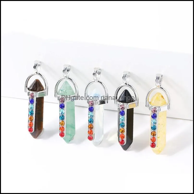 7 chakra rhinestone natural stone charms rose quartz crystal hexagonal prism pendulum reiki pendants for jewelry making necklaces
