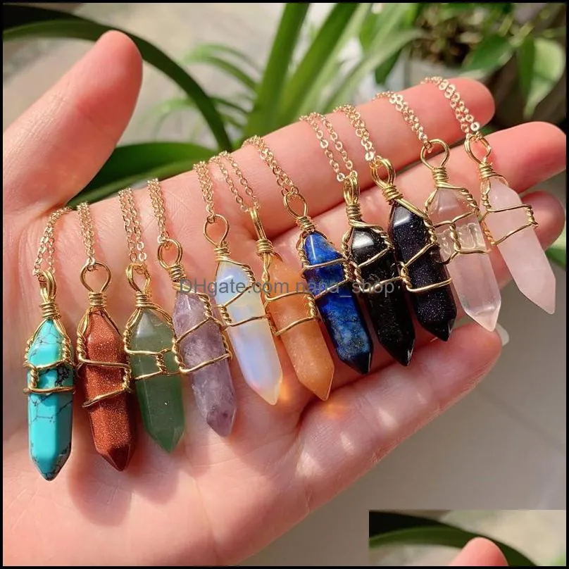 natural stone pendant wire wrap crystal necklace hexagonal bullet amethyst quartz pendulum chakra pendulo healing jewelry